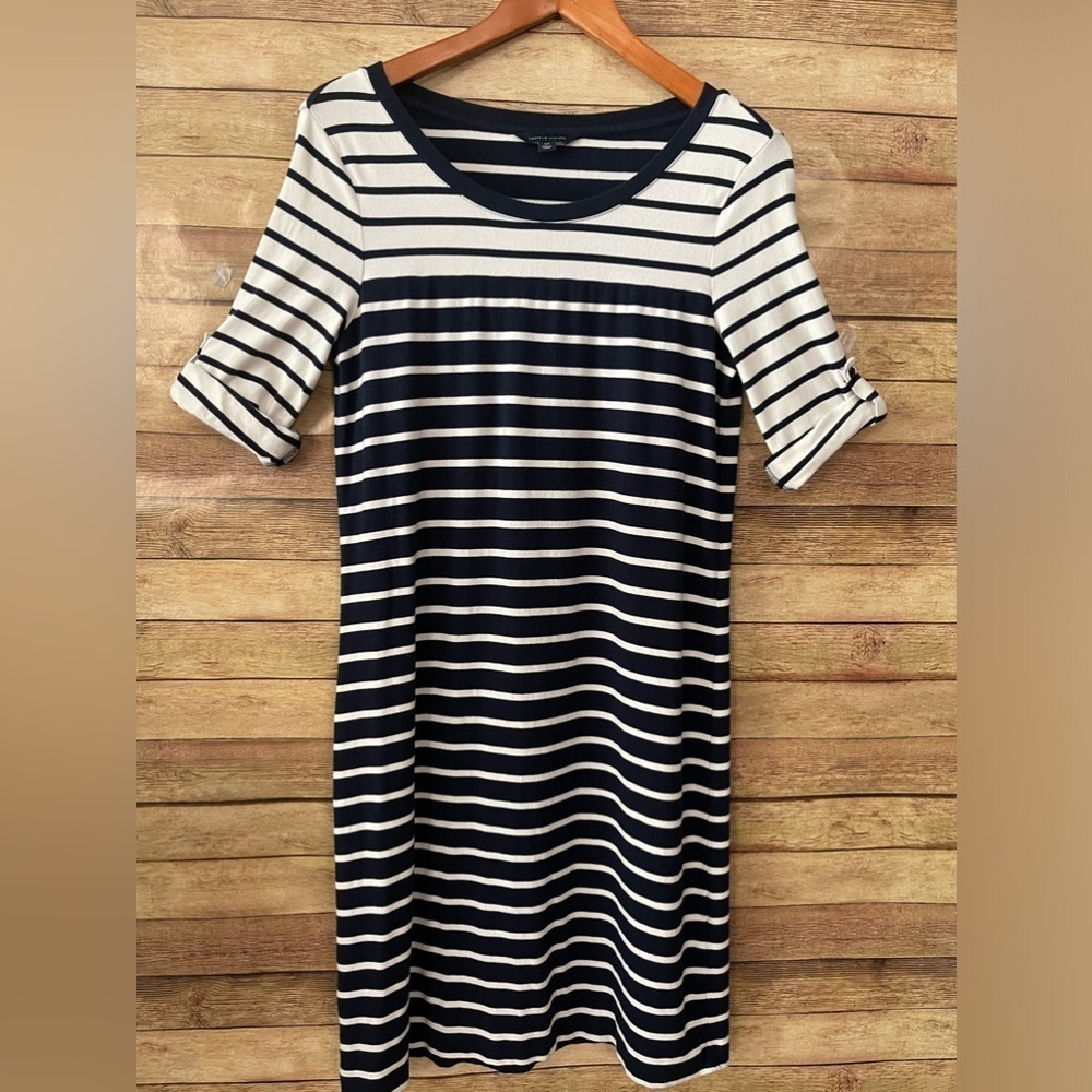 Tommy Hilfiger Women’s Navy Blue White Striped T-shirt Dress Size: Small